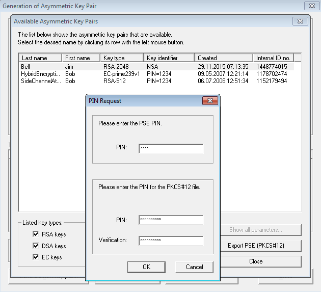 Από το μενού επιλέγουμε: Digital Signatures / PKI PKI Key Display / Export Επιλέγουμε το ζεύγος κλειδιών που δημιουργήσαμε Πατάμε το κουμπί Export PSE (PKCS #12) και εισάγουμε το PIN που