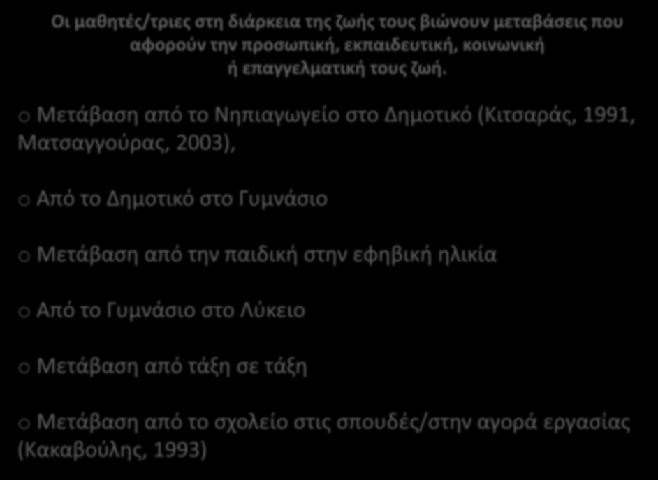 Οι μαθητές/τριες στη διάρκεια της ζωής τους βιώνουν μεταβάσεις που αφορούν την προσωπική, εκπαιδευτική, κοινωνική ή επαγγελματική τους ζωή.