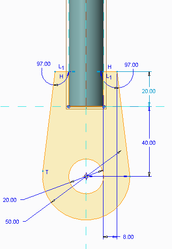 Στο κάθετο επίπεδο (Right) και δίνοντας ως References τον άξονα, δημιουργήθηκε η διατομή της κατάλληλης κεφαλής, στην οποία θα συναρμολογηθεί ο ένας γάντζος του ελατηρίου που προαναφέρθηκε.