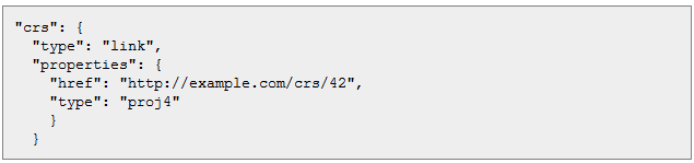 ύζηημα ζςνηεηαγμένυν: Καη ζηα GeoJSON αξρεία, ην ζχζηεκα ζπληεηαγκέλσλ πνπ ρξεζηκνπνηείηαη γηα ηνλ κνλνζήκαλην πξνζδηνξηζκφ ηεο γεσγξαθηθήο νληφηεηαο, νξίδεηαη απφ ηνλ ρξήζηε κε ηε ρξήζε ελφο