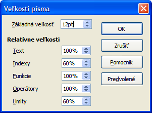 Obrázok 13: Zmena rozostupov vo vzorci Zmena vzhľadu vzorcov Zmena veľkosti písma Toto je jedna z najčastejších otázok, ktoré sa pýtajú používatelia LibreOffice Math.