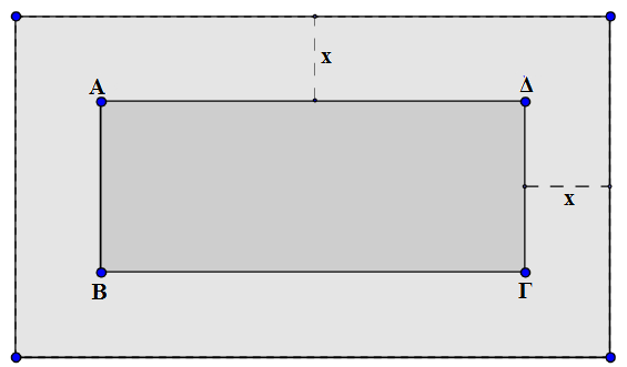 φαίνεται στο παρακάτω σχήµα α) Να αποδείξετε ότι το εµβαδόν της ζώνης δίνεται από τη σχέση: Ε(x)=4x +80x, x>0 β) Να βρεθεί το πλάτος x τηs ζώνης, αν αυτή έχει εµβαδό Ε=500 m γ) Ποιο µπορεί να είναι