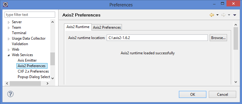 Tell Eclipse About Axis2 Window Preferences Web Services Axis2 Preferences Set install path of Axis2 Set Axis2 runtime location to the path you
