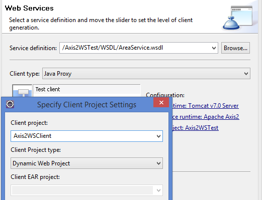 Consuming Web service using Web Service Client Select the AreaService.wsdl file in the Axis2Test/WSDL folder Open File -> New - > Other... -> Web Services -> Web Service Client. Click Next.