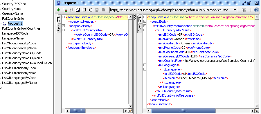 SOAPUI Example 2 (2/2) The response shows that the iso code of Greece is GR Use this code to