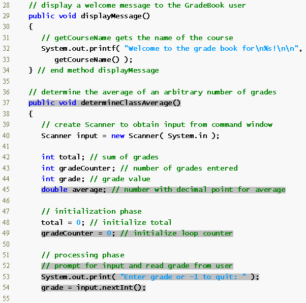 Declare method displaymessage Declare method determineclassaverage Declare and initialize Scanner