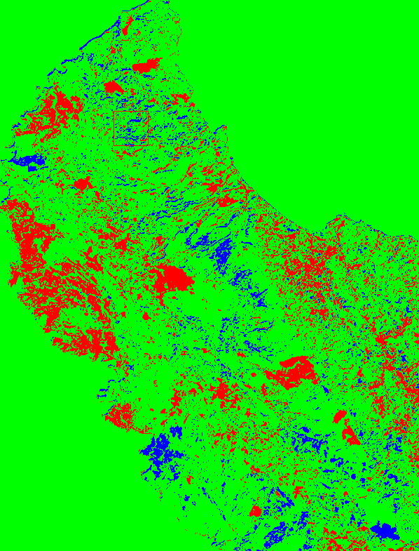 Η αρχική εικόνα των αλλαγών, τώρα έχει μετασχηματιστεί σε τρεις κατηγορίες, όπου με πράσινο χρώμα εμφανίζονται οι μηδενικές αλλαγές, με κόκκινο χρώμα (αρνητικές τιμές) όπου είχαμε περισσότερη