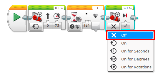 Βήμα 5: Εισάγετε ένα Move Steering μπλοκ στην κατάσταση λειτουργίας Off. Βήμα 6: Εκτελέστε το πρόγραμμα.