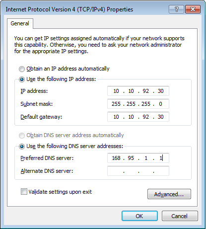 Για ρύθμιση με χρήση στατικής διεύθυνσης IP: α. Κάντε κλικ στην επιλογή Use the following IP address (Χρήση της ακόλουθης διεύθυνσης ΙΡ). β.