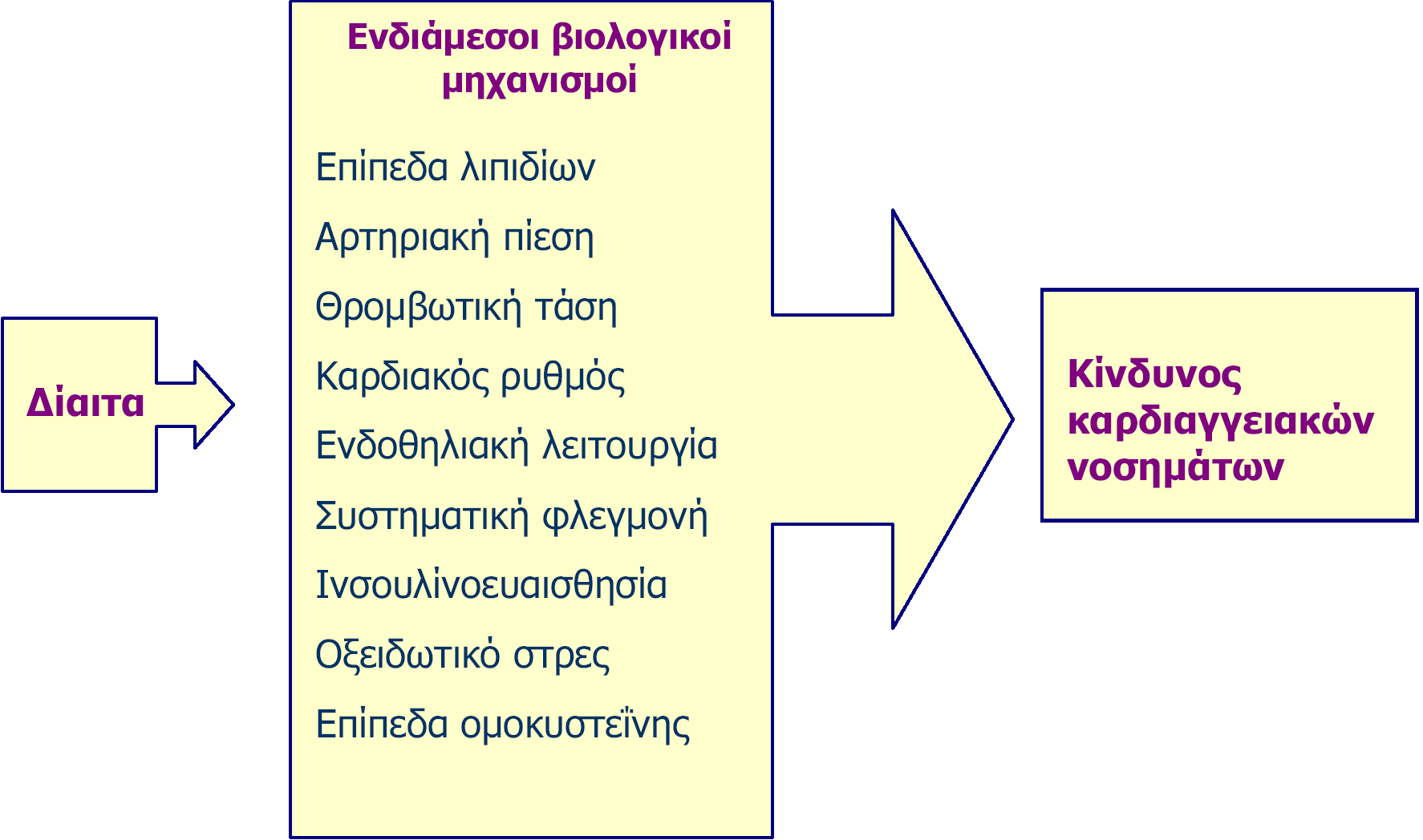 Μηχανισμοί μέσω των οποίων η δίαιτα επηρεάζει πιθανά τον κίνδυνο καρδιαγγειακών νοσημάτων.