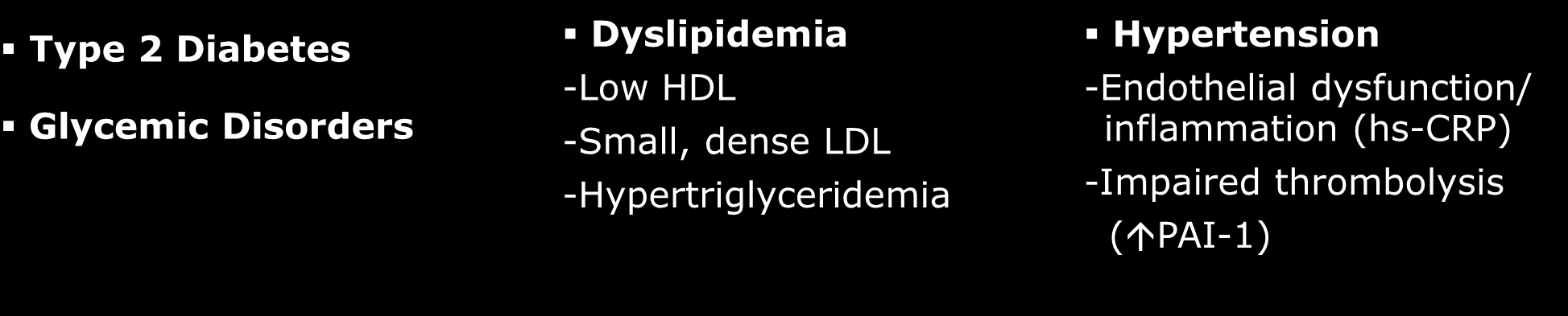 Clinical Manifestations of Insulin Resistance Visceral Adiposity Insulin Resistance Glucotoxicity; Lipotoxicity; Adiponectin Type 2 Diabetes Glycemic Disorders Dyslipidemia -Low HDL -Small, dense LDL