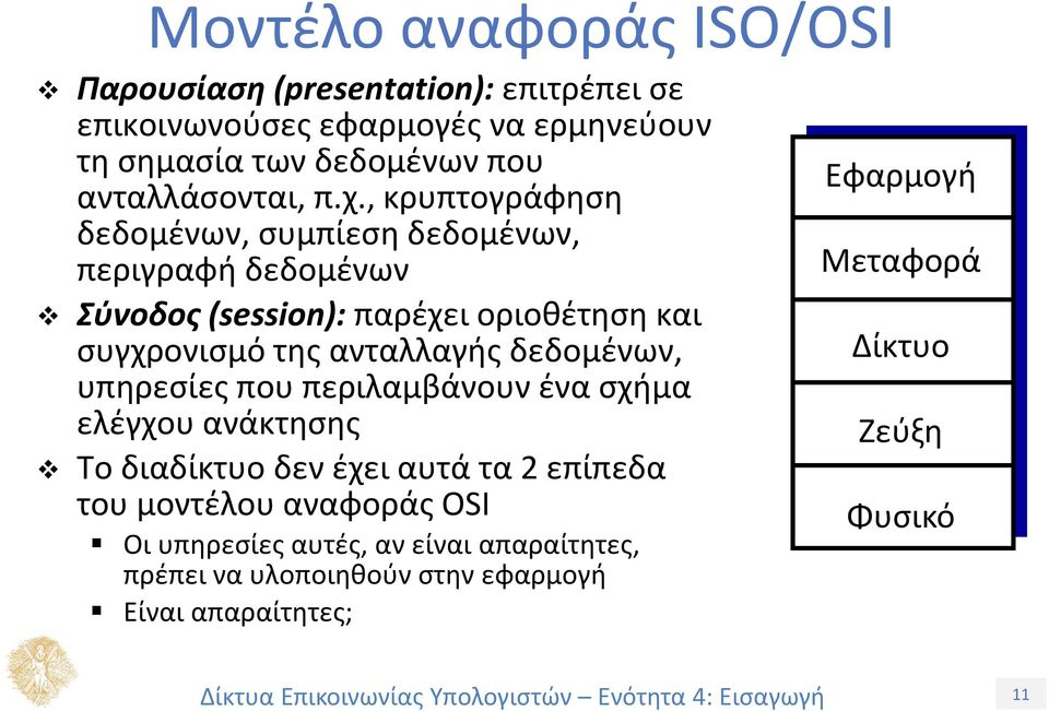 , κρυπτογράφηση δεδομένων, συμπίεση δεδομένων, περιγραφή δεδομένων Σύνοδος (session): παρέχει οριοθέτηση και συγχρονισμό της ανταλλαγής