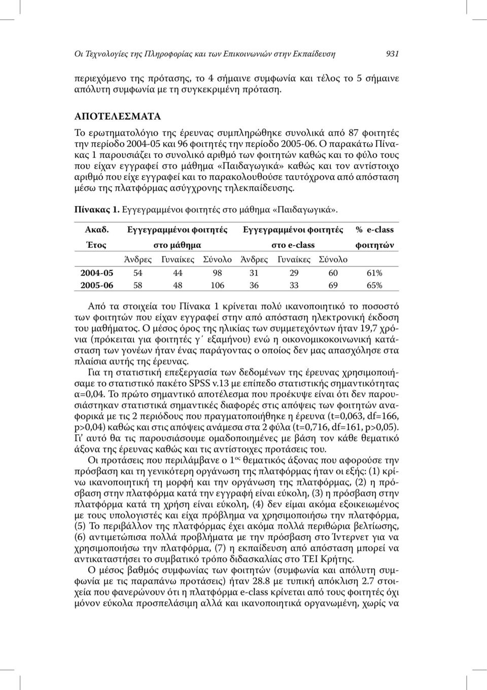 Ο παρακάτω Πίνακας 1 παρουσιάζει το συνολικό αριθµό των φοιτητών καθώς και το φύλο τους που είχαν εγγραφεί στο µάθηµα «Παιδαγωγικά» καθώς και τον αντίστοιχο αριθµό που είχε εγγραφεί και το