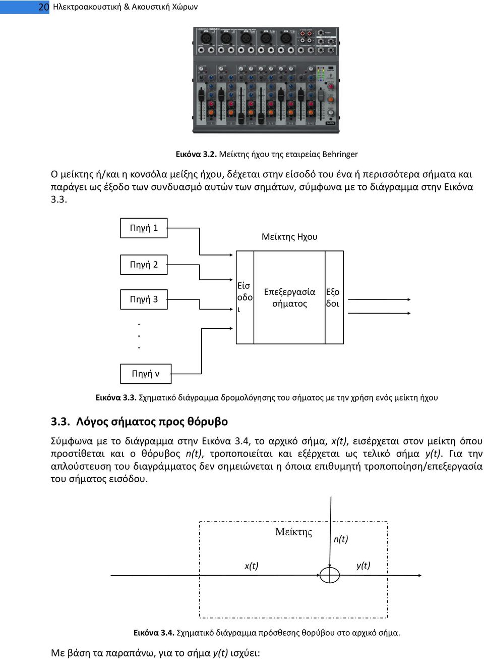 3. Λόγος σήματος προς θόρυβο Σύμφωνα με το διάγραμμα στην Εικόνα 3.4, το αρχικό σήμα, x(t), εισέρχεται στον μείκτη όπου προστίθεται και ο θόρυβος n(t), τροποποιείται και εξέρχεται ως τελικό σήμα y(t).