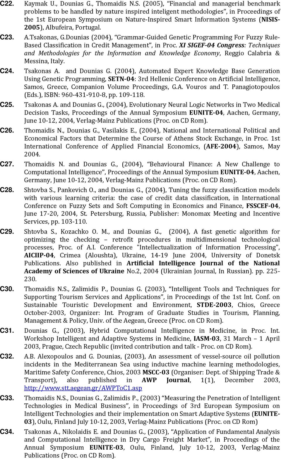 Systems (NISIS- 2005), Albufeira, Portugal. C23. A.Tsakonas, G.Dounias (2004), Grammar-Guided Genetic Programming For Fuzzy Rule- Based Classification in Credit Management, in Proc.