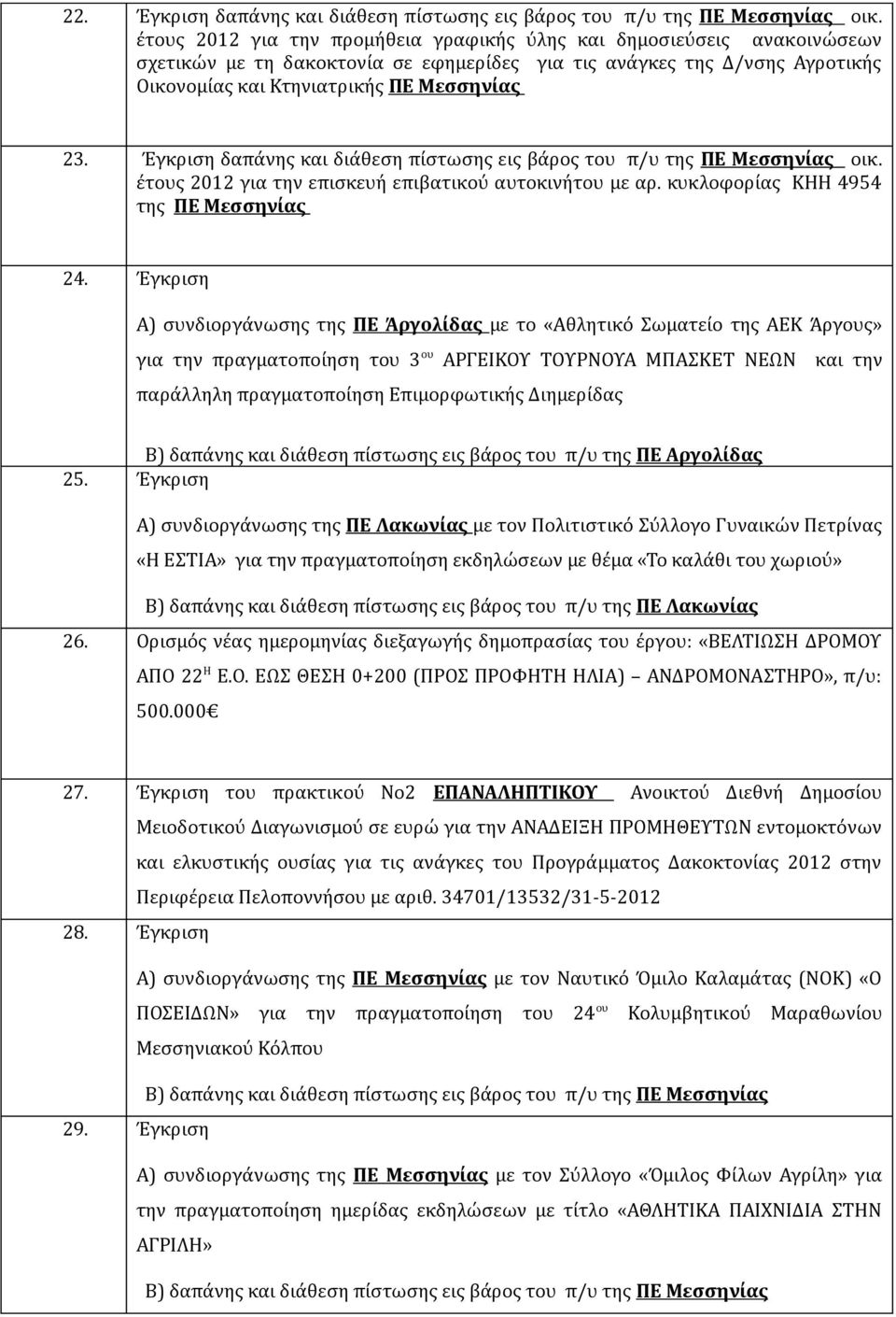 Έγκριση δαπάνης και διάθεση πίστωσης εις βάρος του π/υ της ΠΕ Μεσσηνίας οικ. έτους 2012 για την επισκευή επιβατικού αυτοκινήτου με αρ. κυκλοφορίας ΚΗΗ 4954 της ΠΕ Μεσσηνίας 24.