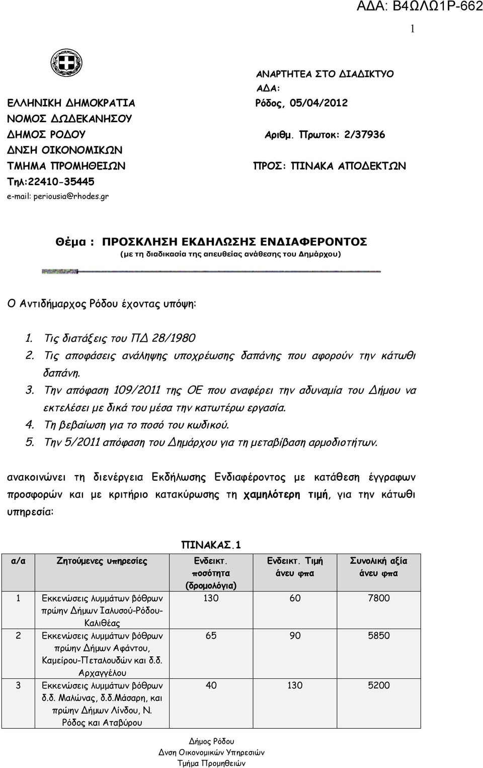gr Θέμα : ΠΡΟΣΚΛΗΣΗ ΕΚΔΗΛΩΣΗΣ ΕΝΔΙΑΦΕΡΟΝΤΟΣ (με τη διαδικασία της απευθείας ανάθεσης του Δημάρχου) Ο Αντιδήμαρχος Ρόδου έχοντας υπόψη: 1. Τις διατάξεις του ΠΔ 28/1980 2.