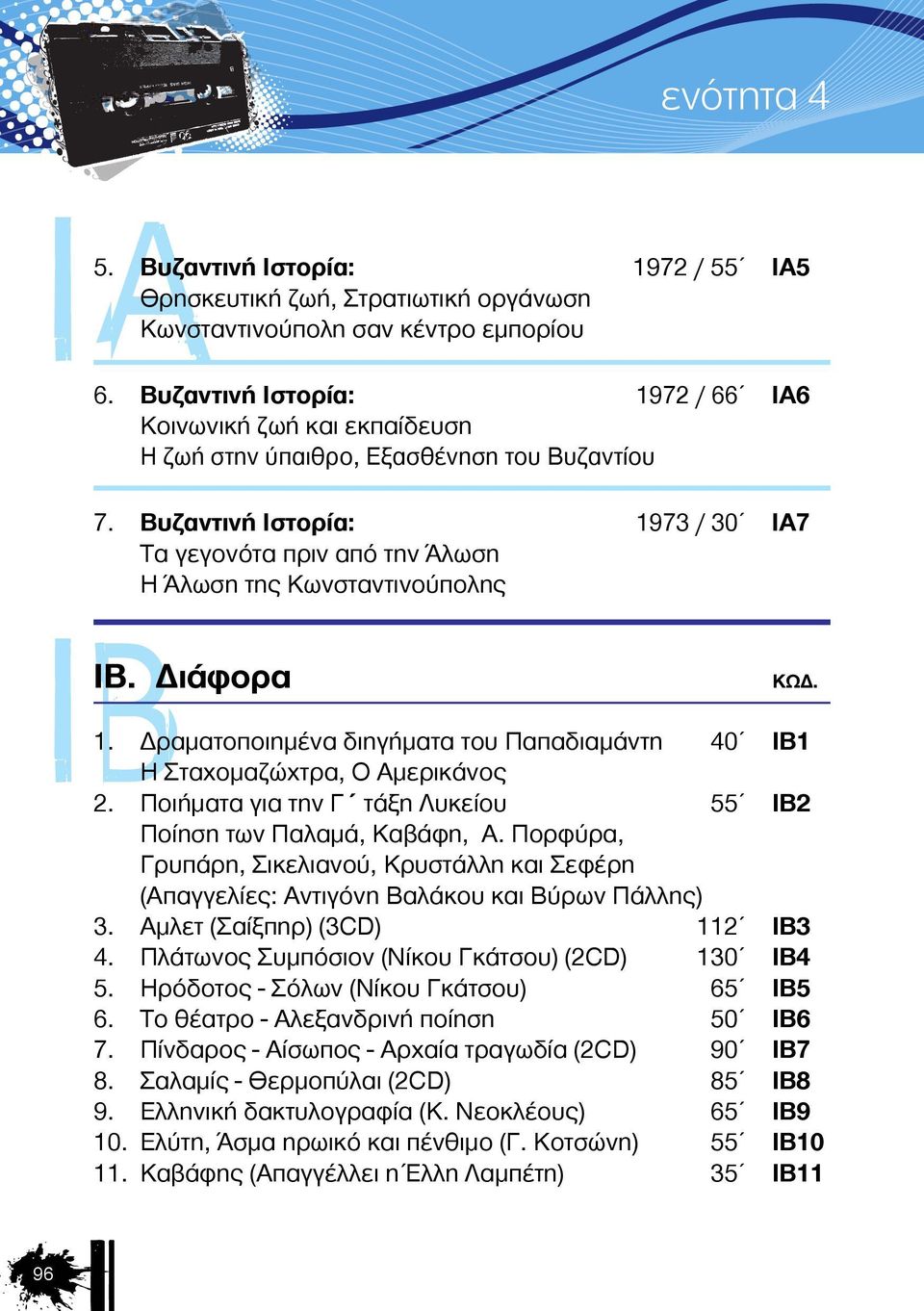 Βυζαντινή Ιστορία: 1973 / 30 IA7 Τα γεγονότα πριν από την Άλωση Η Άλωση της Κωνσταντινούπολης IΒIB. Διάφορα 1. Δραματοποιημένα διηγήματα του Παπαδιαμάντη 40 IB1 Η Σταχομαζώχτρα, Ο Αμερικάνος 2.