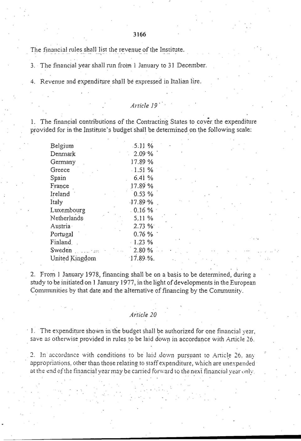 The financial contributions of the Contracting States to coyer, the expenditure provided for in the Institute's budget shall be determined on the following scale: Belgium Denmark Germany Greece Spain