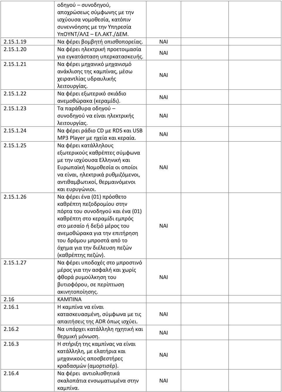 2.15.1.24 Να φέρει ράδιο CD με RDS και USB MP3 Player με ηχεία και κεραία. 2.15.1.25 Να φέρει κατάλληλους εξωτερικούς καθρέπτες σύμφωνα με την ισχύουσα Ελληνική και Ευρωπαϊκή Νομοθεσία οι οποίοι να είναι, ηλεκτρικά ρυθμιζόμενοι, αντιθαμβωτικοί, θερμαινόμενοι και ευρυγώνιοι.