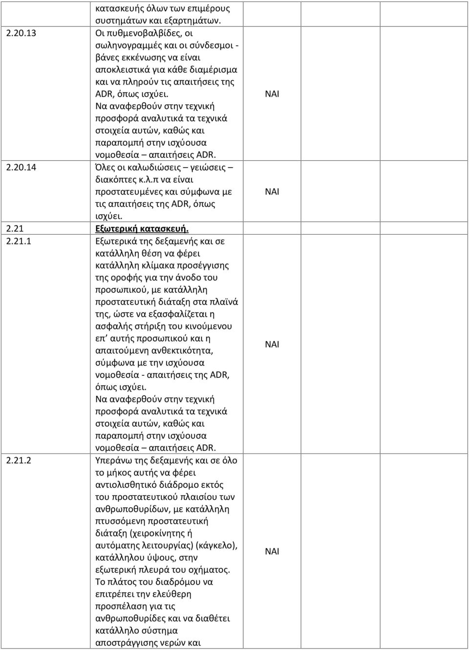 Να αναφερθούν στην τεχνική προσφορά αναλυτικά τα τεχνικά στοιχεία αυτών, καθώς και παραπομπή στην ισχύουσα νομοθεσία απαιτήσεις ADR. 2.20.14 Όλες οι καλωδιώσεις γειώσεις διακόπτες κ.λ.π να είναι προστατευμένες και σύμφωνα με τις απαιτήσεις της ADR, όπως ισχύει.