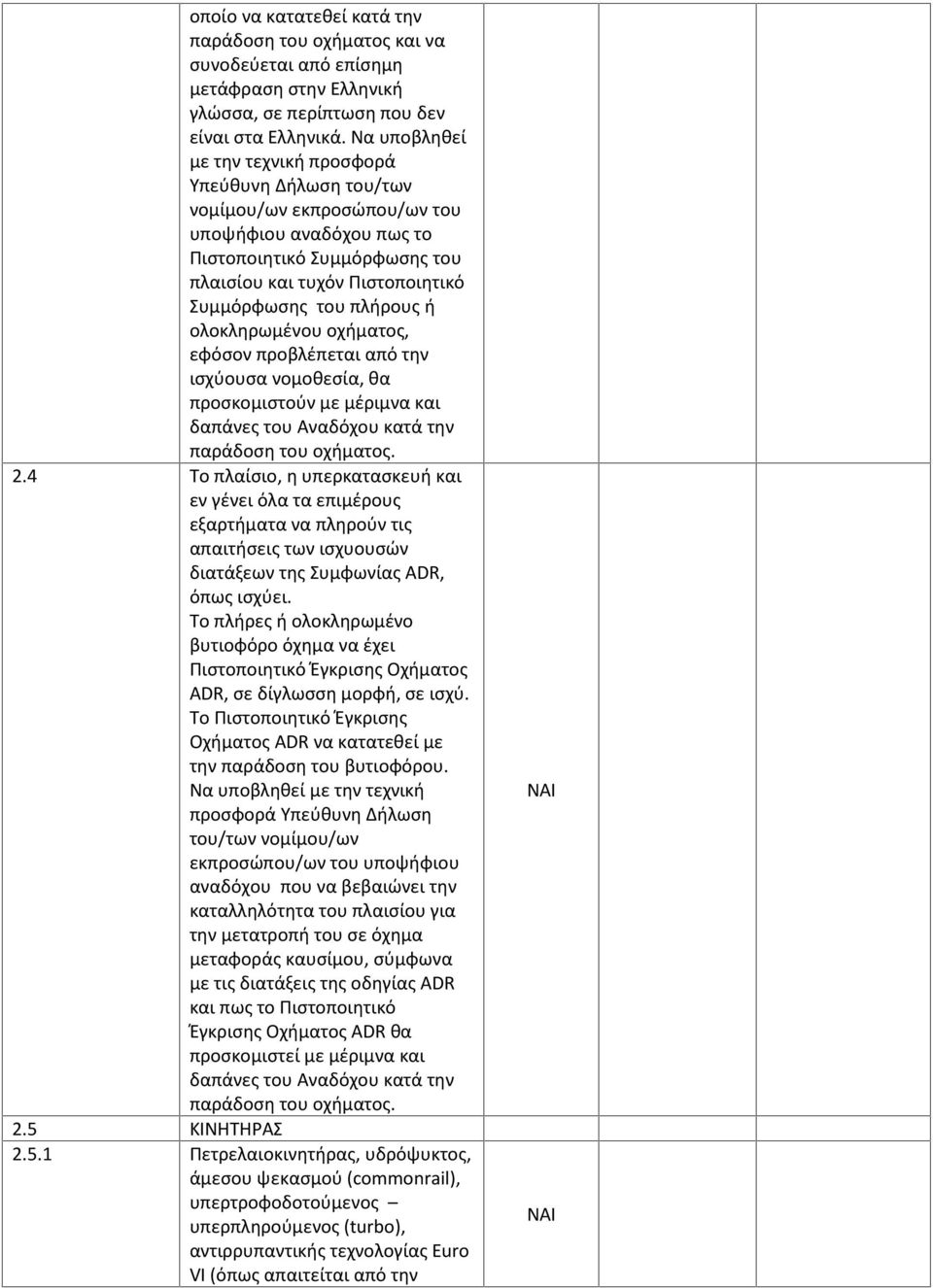 πλήρους ή ολοκληρωμένου οχήματος, εφόσον προβλέπεται από την ισχύουσα νομοθεσία, θα προσκομιστούν με μέριμνα και δαπάνες του Αναδόχου κατά την παράδοση του οχήματος. 2.