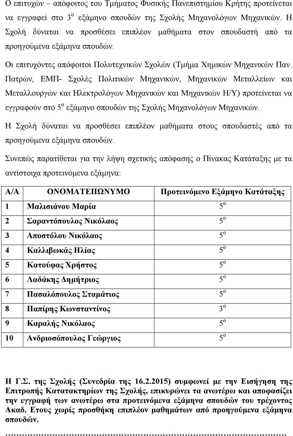 Πατρών, ΕΜΠ- Σχολές Πολιτικών Μηχανικών, Μηχανικών Μεταλλείων και Μεταλλουργών και Ηλεκτρολόγων Μηχανικών και Μηχανικών Η/Υ) προτείνεται να εγγραφούν στο 5 ο εξάµηνο σπουδών της Σχολής Μηχανολόγων