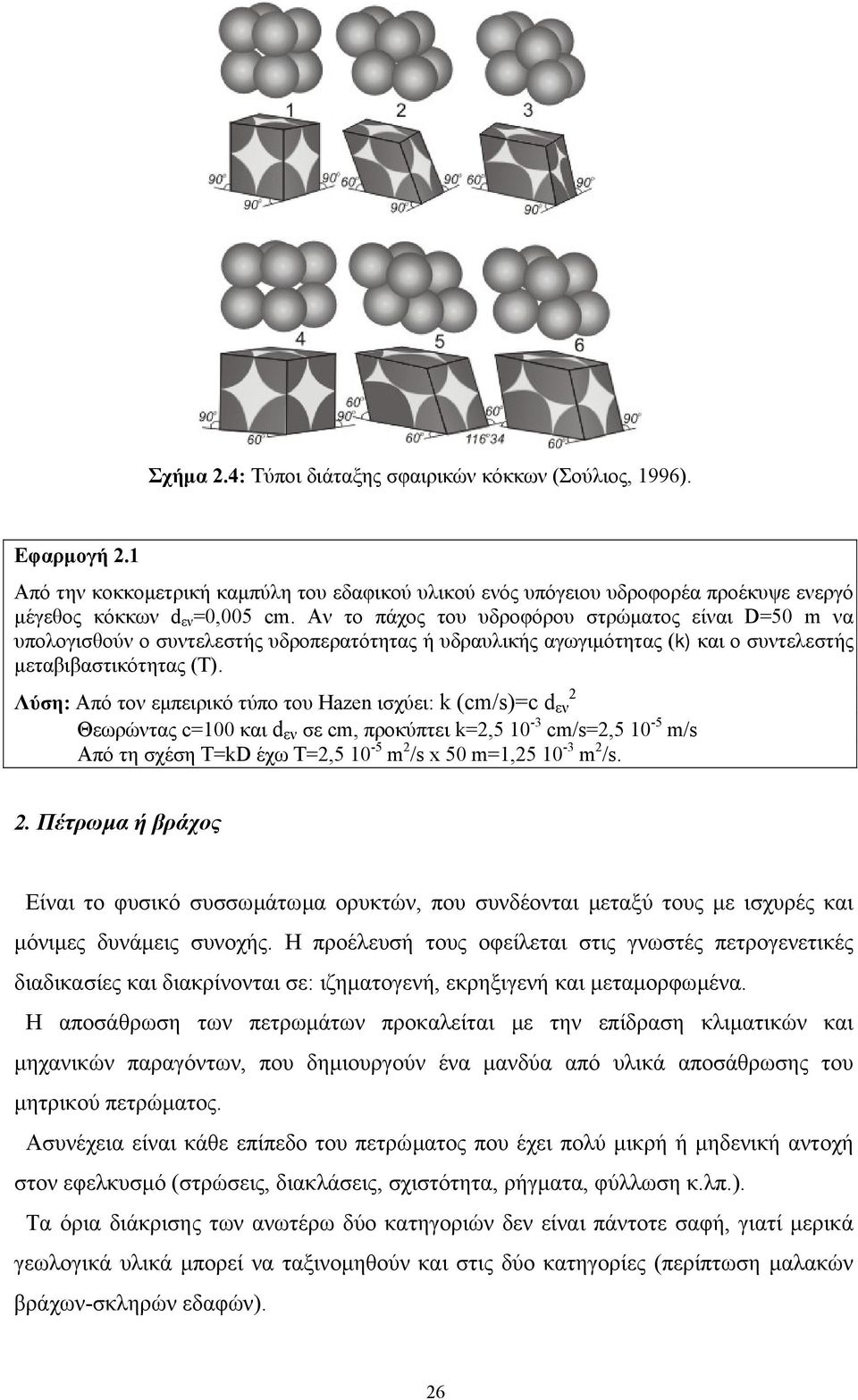 Λύση: Από τον εµπειρικό τύπο του Hazen ισχύει: k (cm/s)=c d εν 2 Θεωρώντας c=100 και d εν σε cm, προκύπτει k=2,5 10-3 cm/s=2,5 10-5 m/s Από τη σχέση Τ=kD έχω T=2,5 10-5 m 2 /s x 50 m=1,25 10-3 m 2 /s.