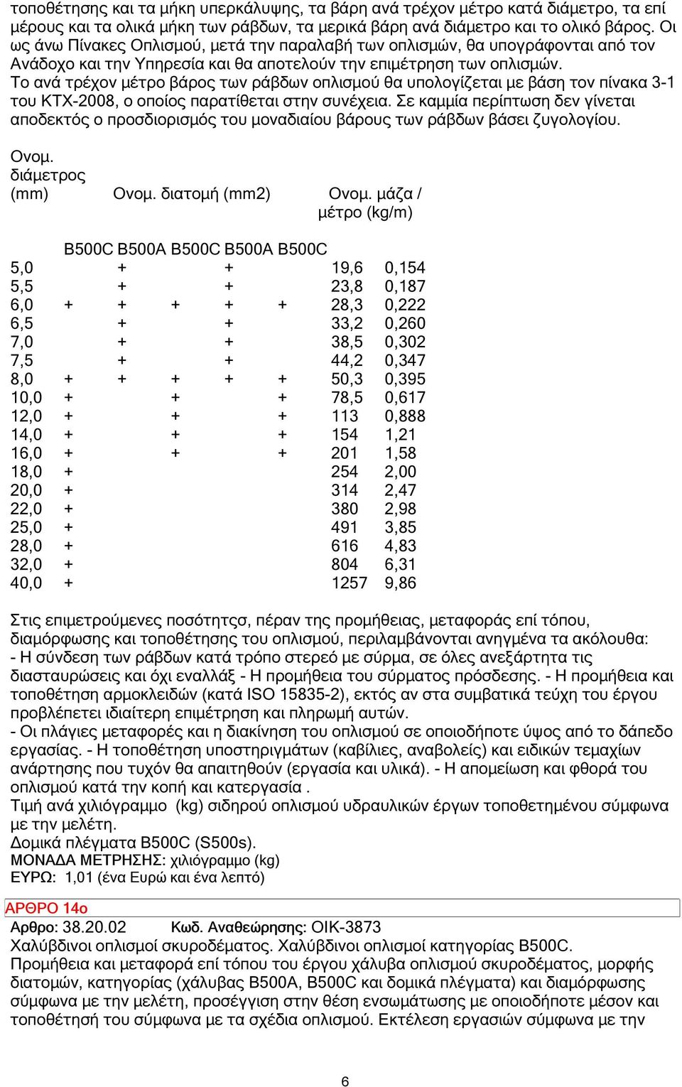 Το ανά τρέχον µέτρο βάρος των ράβδων οπλισµού θα υπολογίζεται µε βάση τον πίνακα 3-1 του ΚΤΧ-2008, ο οποίος παρατίθεται στην συνέχεια.