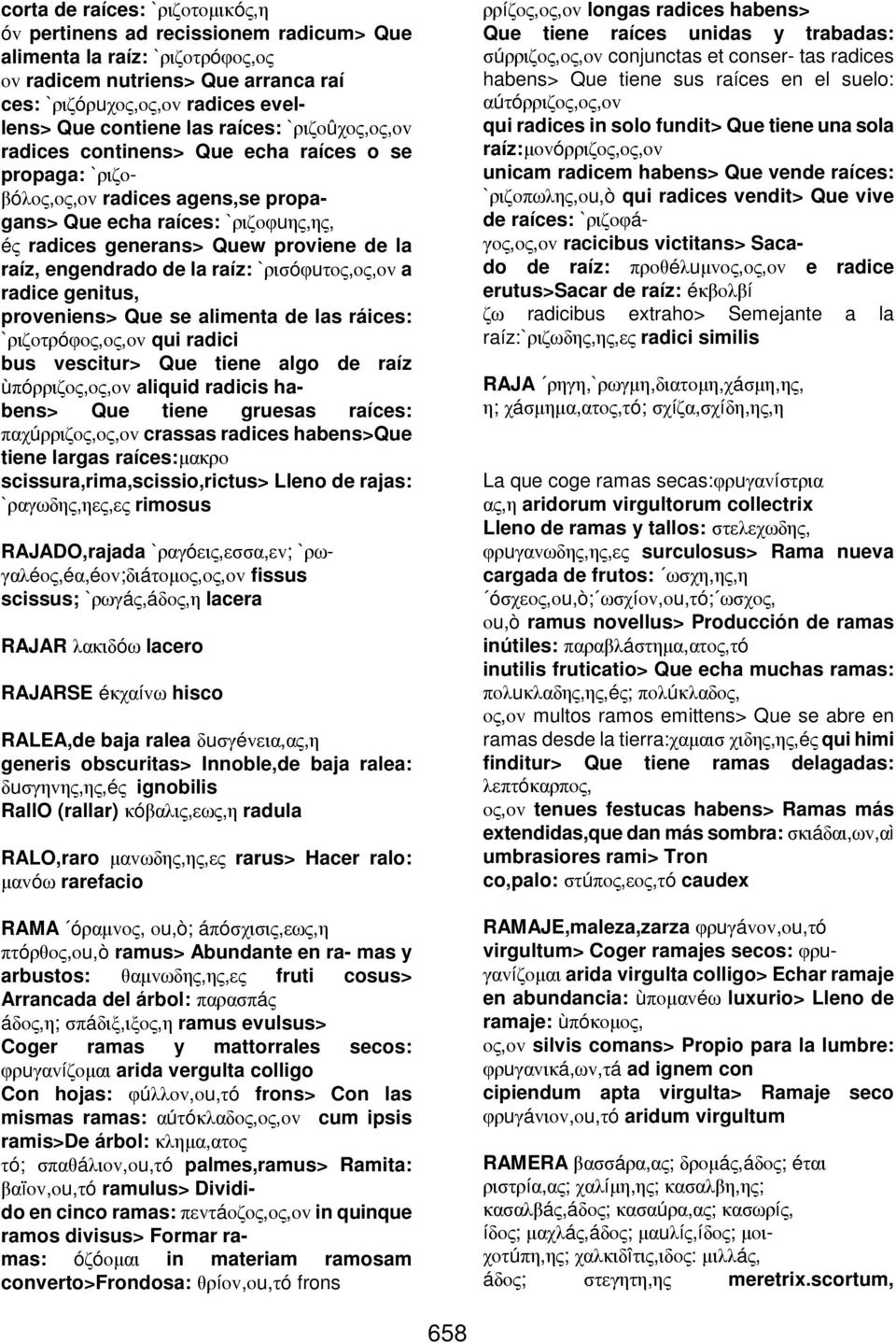 engendrado de la raíz: `ρισóφuτoς,oς,ov a radice genitus, proveniens> Que se alimenta de las ráices: `ριζoτρóφoς,oς,ov qui radici bus vescitur> Que tiene algo de raíz ùπóρριζoς,oς,ov aliquid radicis