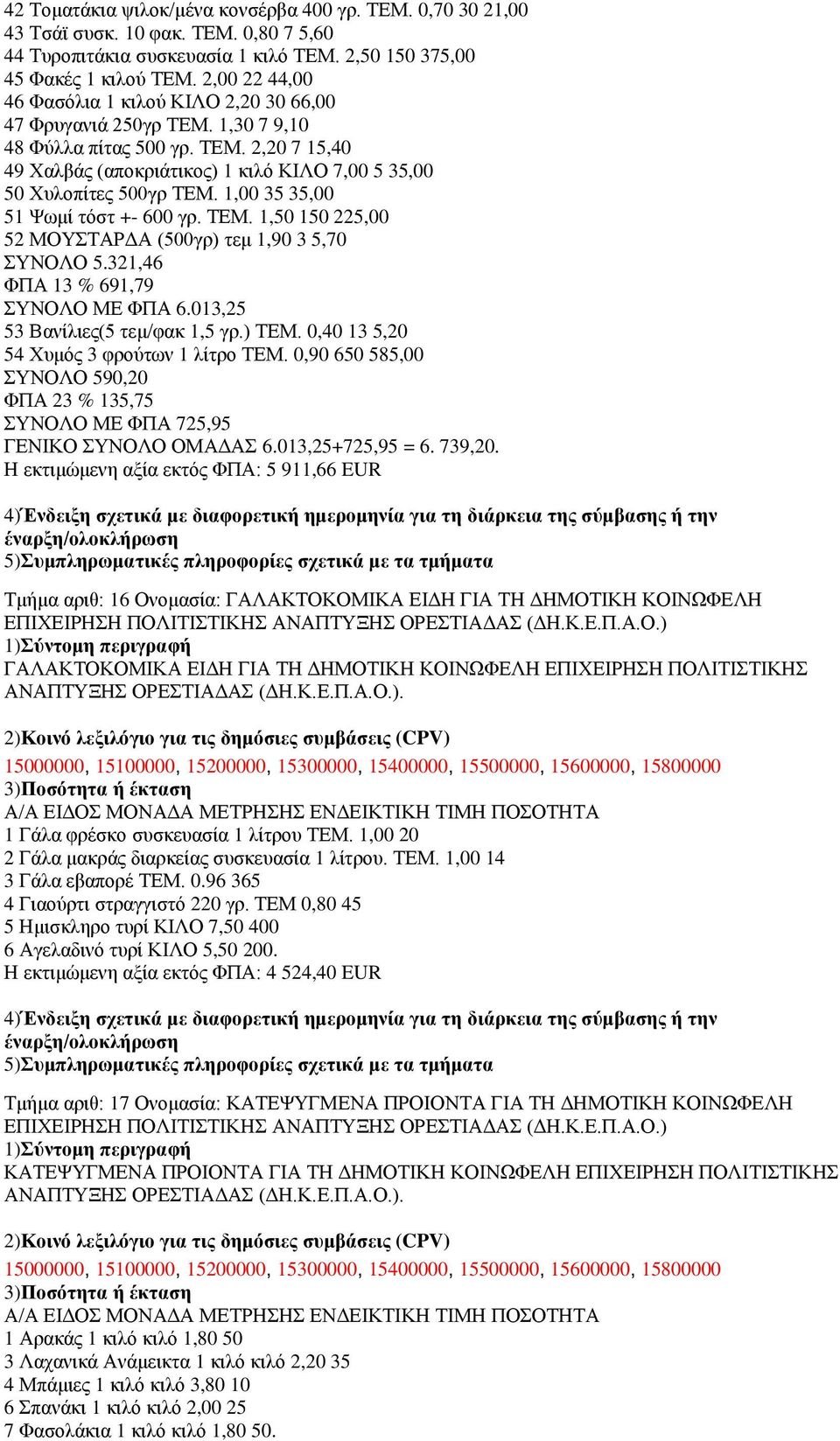 1,00 35 35,00 51 Φσκί ηφζη +- 600 γξ. ΣΔΜ. 1,50 150 225,00 52 ΜΟΤΣΑΡΓΑ (500γξ) ηεκ 1,90 3 5,70 ΤΝΟΛΟ 5.321,46 ΦΠΑ 13 % 691,79 ΤΝΟΛΟ ΜΔ ΦΠΑ 6.013,25 53 Βαλίιηεο(5 ηεκ/θαθ 1,5 γξ.) ΣΔΜ.