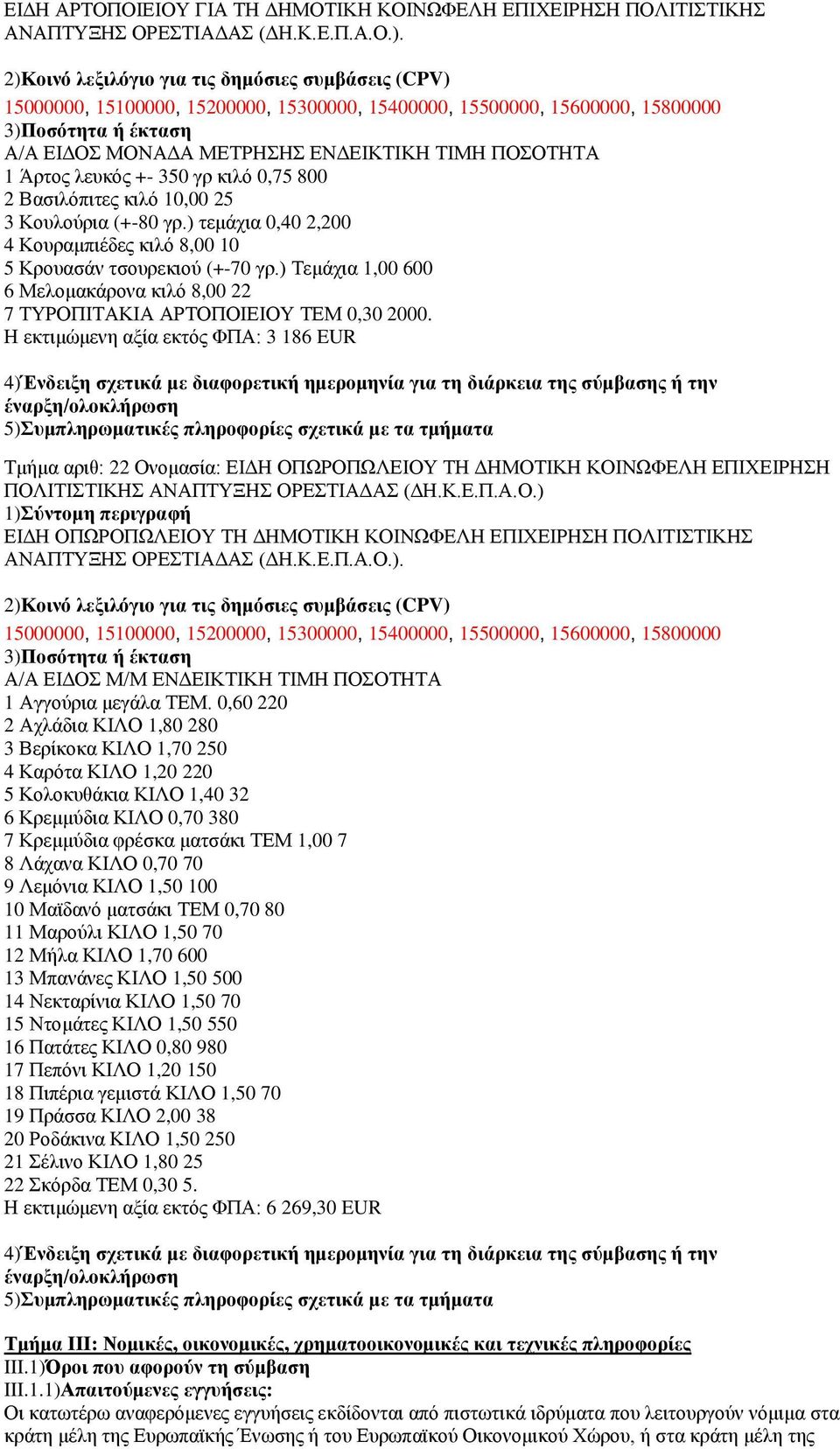 ) ηεκάρηα 0,40 2,200 4 Κνπξακπηέδεο θηιφ 8,00 10 5 Κξνπαζάλ ηζνπξεθηνχ (+-70 γξ.) Σεκάρηα 1,00 600 6 Μεινκαθάξνλα θηιφ 8,00 22 7 ΣΤΡΟΠΗΣΑΚΗΑ ΑΡΣΟΠΟΗΔΗΟΤ ΣΔΜ 0,30 2000.