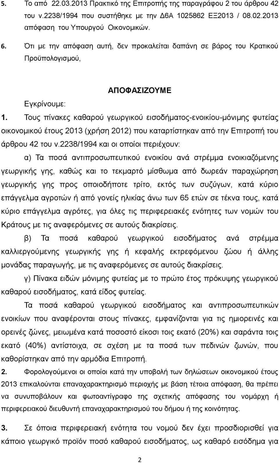 Τους πίνακες καθαρού γεωργικού εισοδήματος-ενοικίου-μόνιμης φυτείας οικονομικού έτους 2013 (χρήση 2012) που καταρτίστηκαν από την Επιτροπή του άρθρου 42 του ν.