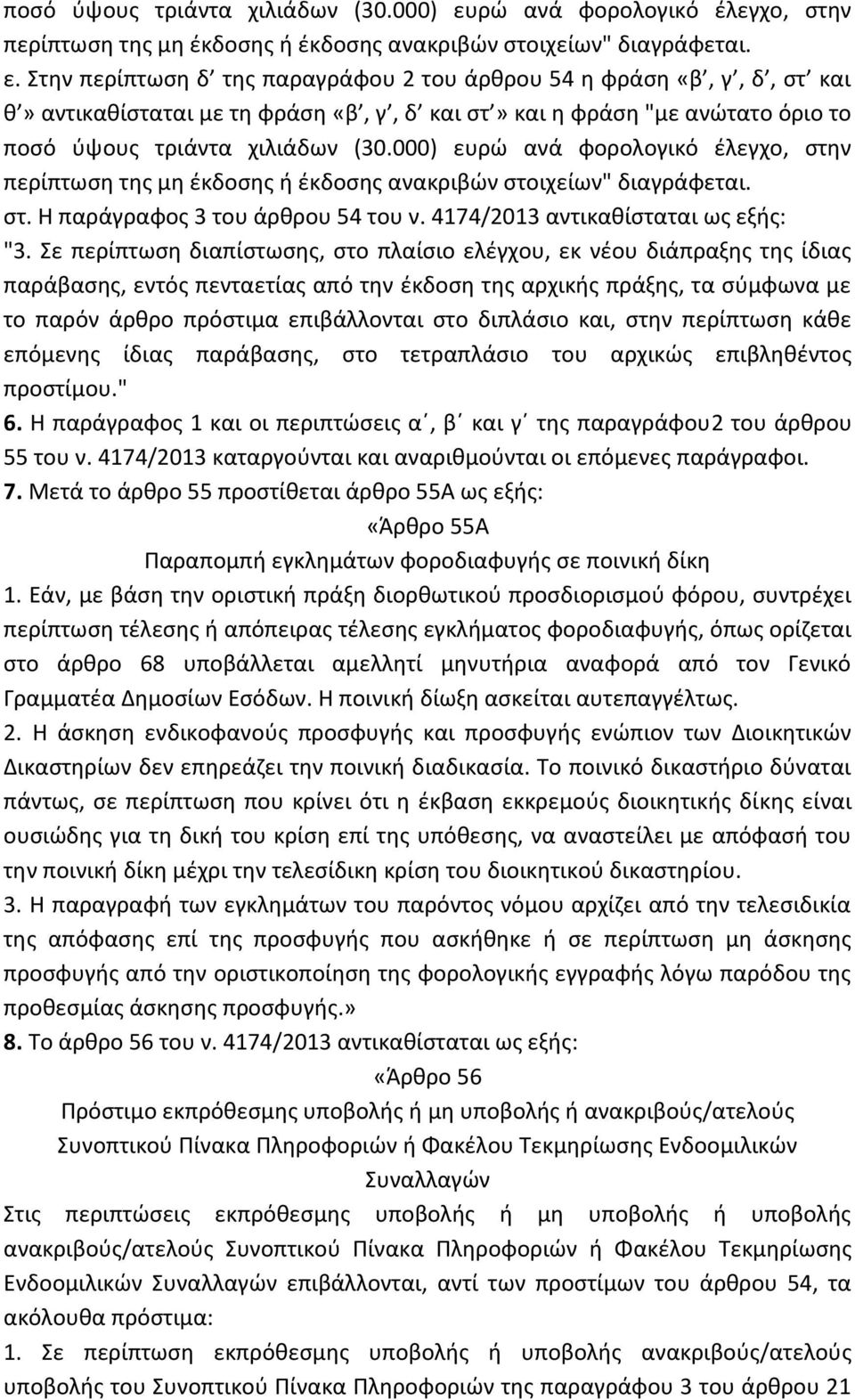 Στην περίπτωση δ της παραγράφου 2 του άρθρου 54 η φράση «β, γ, δ, στ και θ» αντικαθίσταται με τη φράση «β, γ, δ και στ» και η φράση "με ανώτατο όριο το ρώ ανά φορολογικό έλεγχο, στην περίπτωση της μη