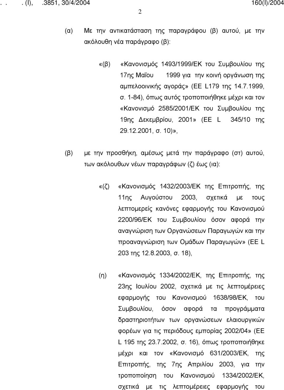 10)», με την προσθήκη, αμέσως μετά την παράγραφο (στ) αυτού, των ακόλουθων νέων παραγράφων (ζ) έως (ια): «(ζ) «Κανονισμός 1432/2003/ΕΚ της Επιτροπής, της 11ης Αυγούστου 2003, σχετικά με τους