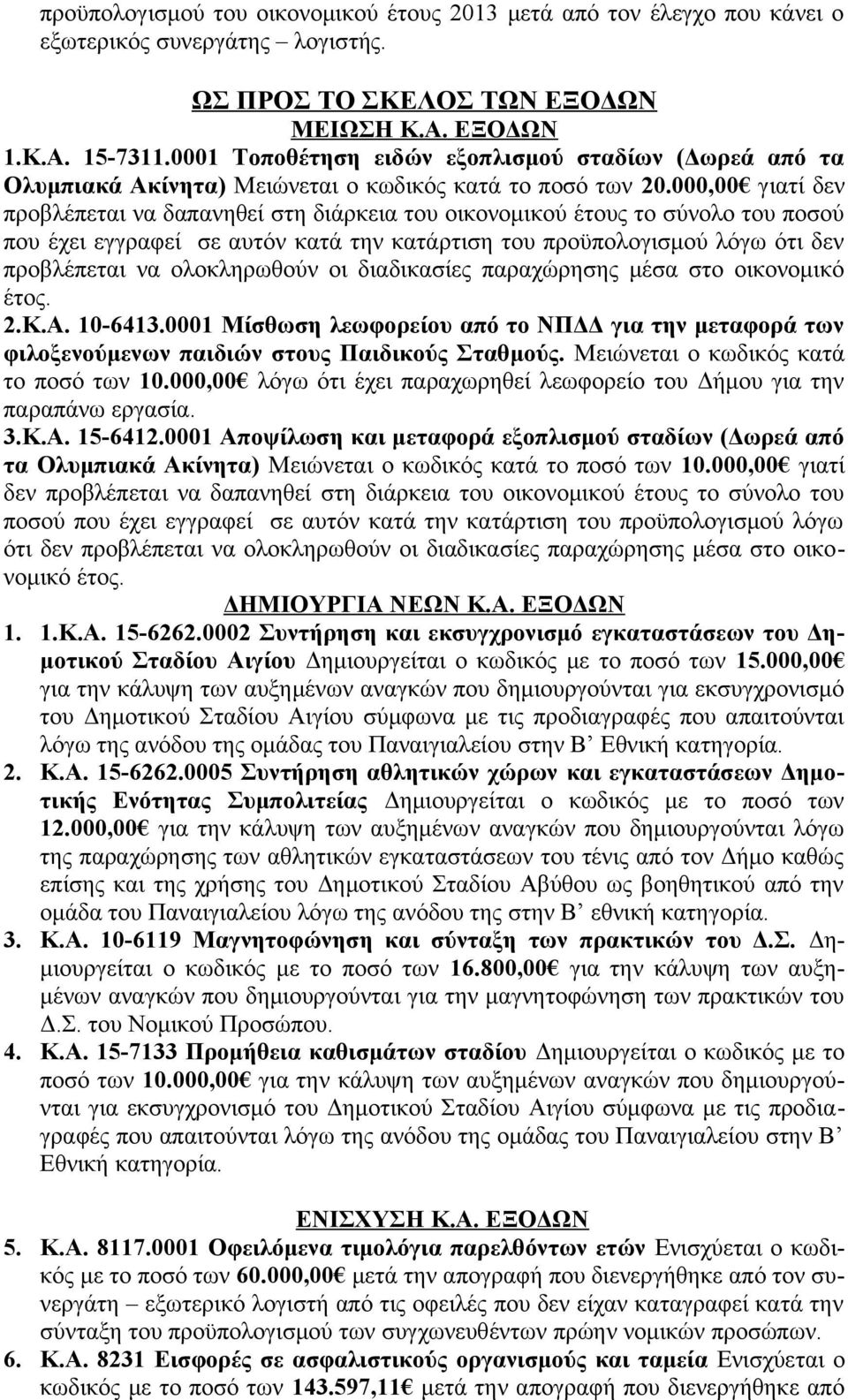 000,00 γιατί δεν προβλέπεται να δαπανηθεί στη διάρκεια του οικονομικού έτους το σύνολο του ποσού που έχει εγγραφεί σε αυτόν κατά την κατάρτιση του προϋπολογισμού λόγω ότι δεν προβλέπεται να