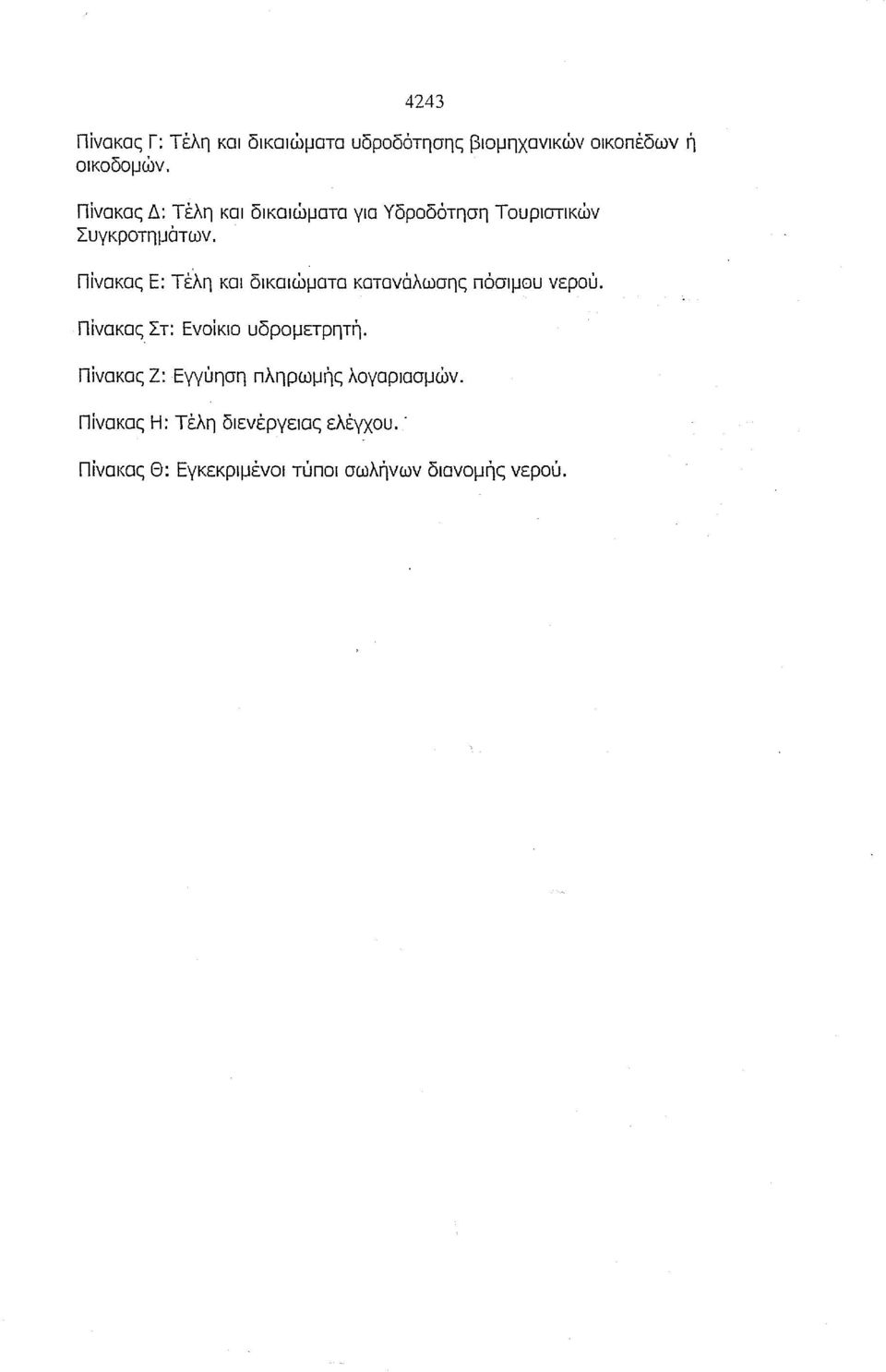 δικαιώματα για Υδροδότηση Τουριστικών Πίνακας Ε: Τέλη και δικαιώματα κατανάλωσης πόσιμου νερού.