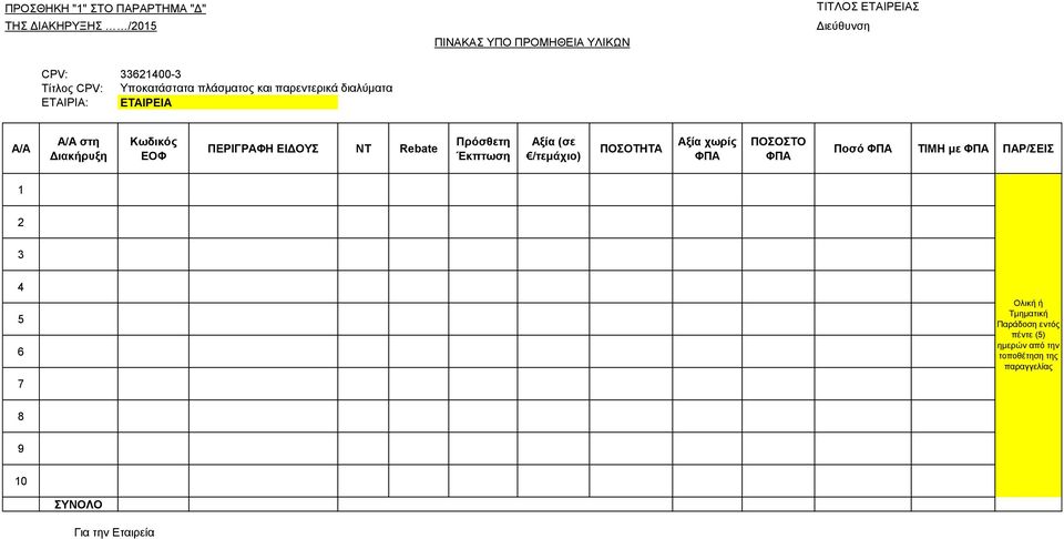 ΠΕΡΙΓΡΑΦΗ ΕΙΔΟΤ NT Rebate Ππόζθεηη Έκπηωζη Αξία (ζε /ηεμάσιο) ΠΟΟΣΗΣΑ Αξία σωπίρ ΦΠΑ ΠΟΟΣΟ ΦΠΑ Ποζό ΦΠΑ ΣΙΜΗ με ΦΠΑ