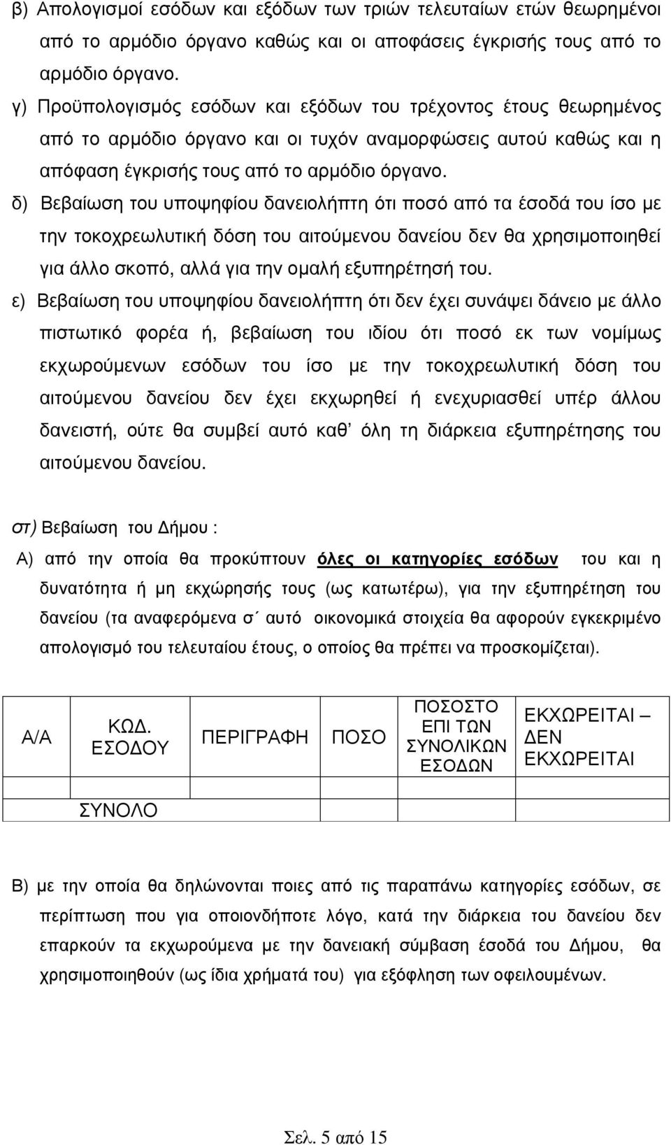 δ) Βεβαίωση του υποψηφίου δανειολήπτη ότι ποσό από τα έσοδά του ίσο µε την τοκοχρεωλυτική δόση του αιτούµενου δανείου δεν θα χρησιµοποιηθεί για άλλο σκοπό, αλλά για την οµαλή εξυπηρέτησή του.