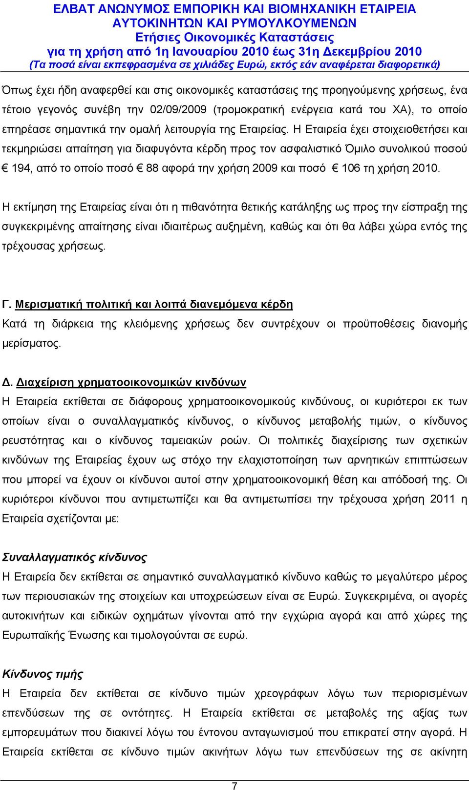 Η Εταιρεία έχει στοιχειοθετήσει και τεκμηριώσει απαίτηση για διαφυγόντα κέρδη προς τον ασφαλιστικό Όμιλο συνολικού ποσού 194, από το οποίο ποσό 88 αφορά την χρήση 2009 και ποσό 106 τη χρήση 2010.