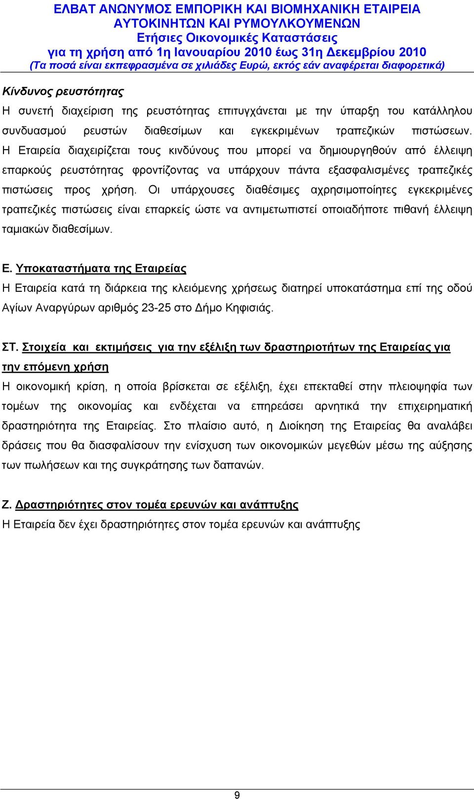 Οι υπάρχουσες διαθέσιμες αχρησιμοποίητες εγκεκριμένες τραπεζικές πιστώσεις είναι επαρκείς ώστε να αντιμετωπιστεί οποιαδήποτε πιθανή έλλειψη ταμιακών διαθεσίμων. Ε.