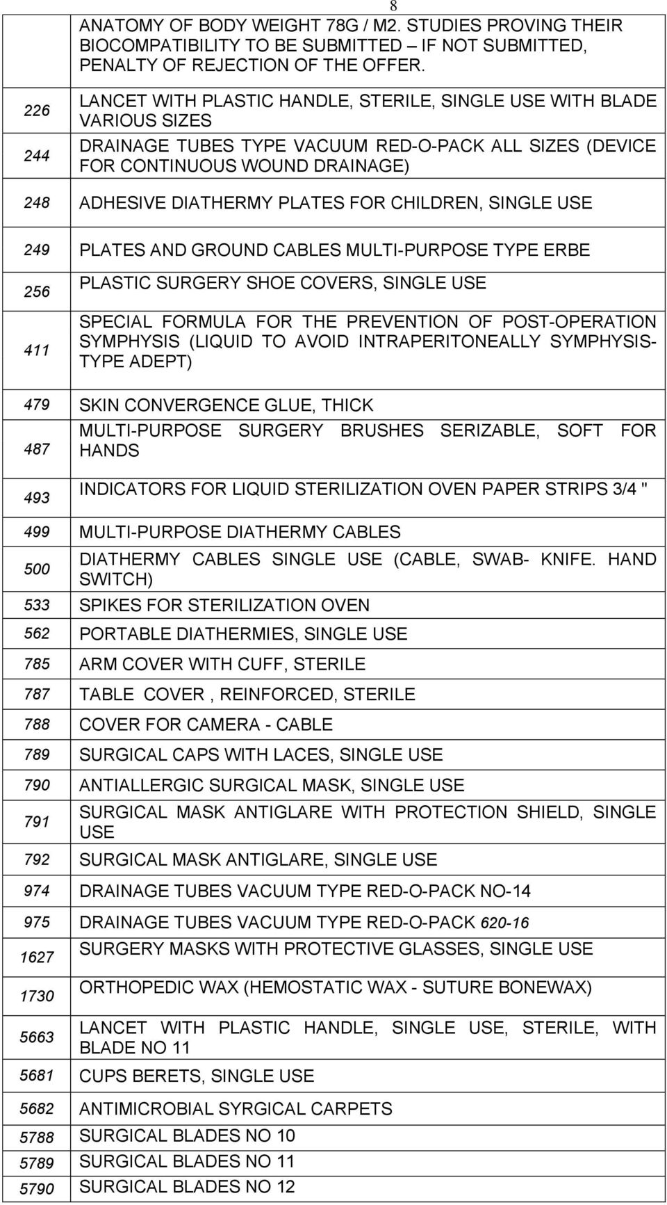 FOR CHILDREN, SINGLE USE 249 PLATES AND GROUND CABLES MULTI-PURPOSE TYPE ERBE 256 411 PLASTIC SURGERY SHOE COVERS, SINGLE USE SPECIAL FORMULA FOR THE PREVENTION OF POST-OPERATION SYMPHYSIS (LIQUID TO