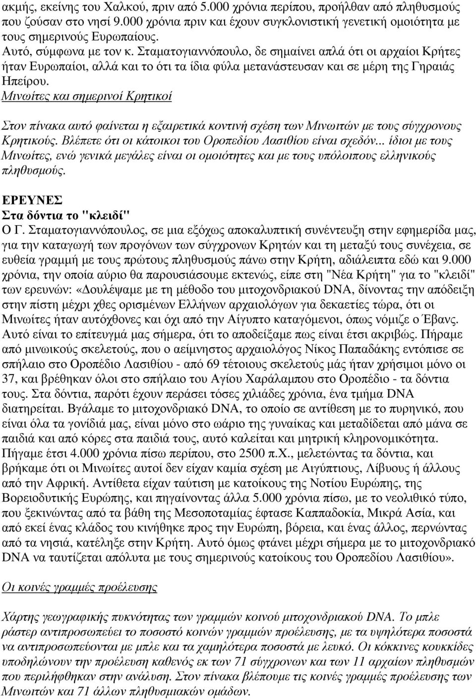 Μινωίτες και σηµερινοί Κρητικοί Στον πίνακα αυτό φαίνεται η εξαιρετικά κοντινή σχέση των Μινωιτών µε τους σύγχρονους Κρητικούς. Βλέπετε ότι οι κάτοικοι του Οροπεδίου Λασιθίου είναι σχεδόν.