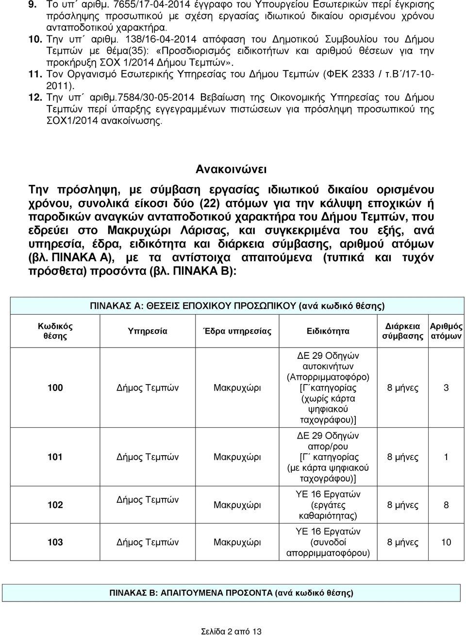 Τον Οργανισμό Εσωτερικής Υπηρεσίας του Δήμου Τεμπών (ΦΕΚ 2333 / τ.β /17-10- 2011). 12. Την υπ αριθμ.