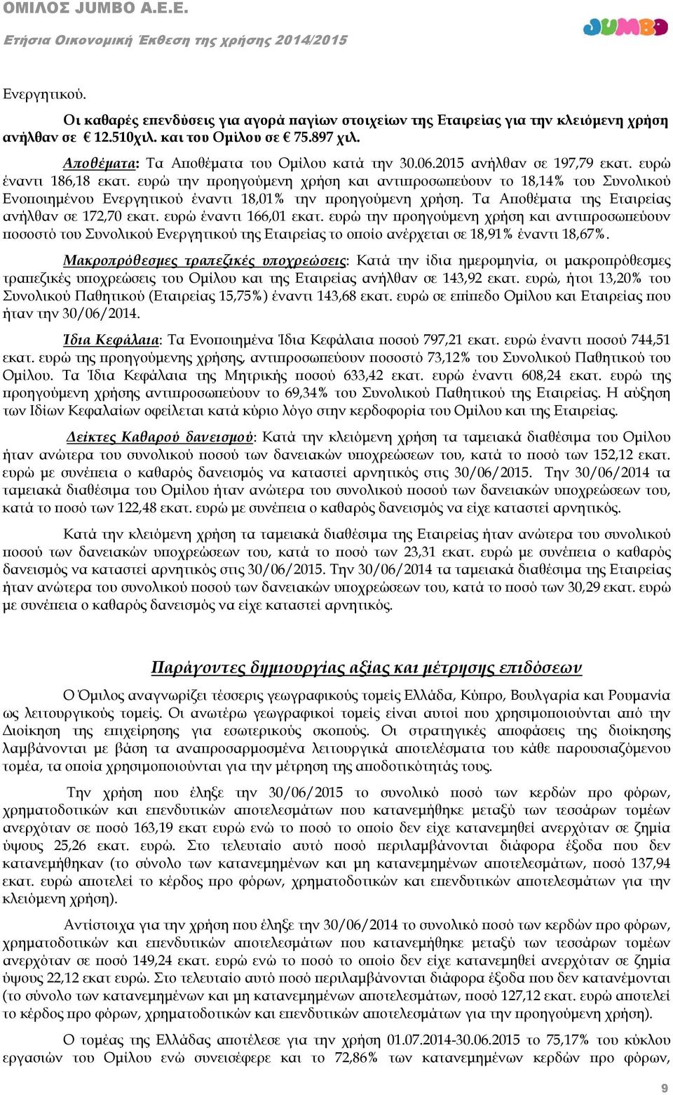 Τα Αποθέματα της Εταιρείας ανήλθαν σε 172,70 εκατ. ευρώ έναντι 166,01 εκατ.