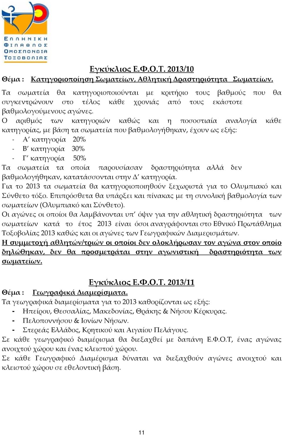 Ο αριθμός των κατηγοριών καθώς και η ποσοστιαία αναλογία κάθε κατηγορίας, με βάση τα σωματεία που βαθμολογήθηκαν, έχουν ως εξής: - Α κατηγορία 20% - Β κατηγορία 30% - Γ κατηγορία 50% Τα σωματεία τα