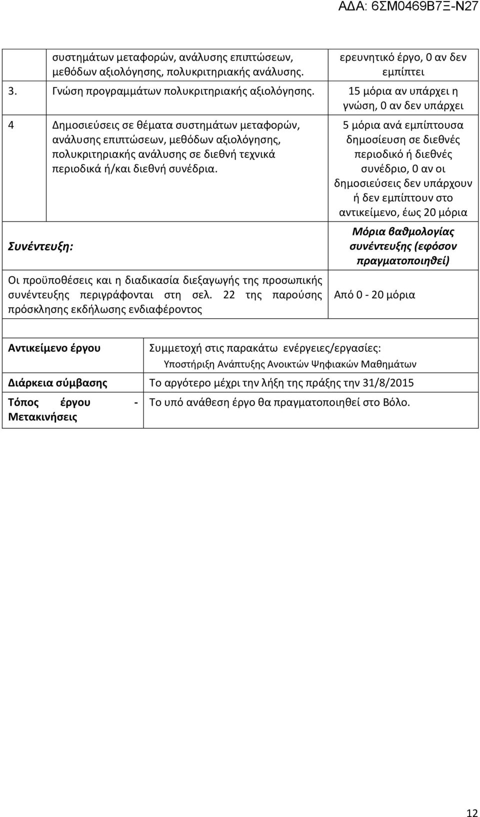 15 μόρια αν υπάρχει η γνώση, 0 αν δεν υπάρχει 4 Δημοσιεύσεις σε θέματα συστημάτων μεταφορών, ανάλυσης επιπτώσεων, μεθόδων αξιολόγησης,