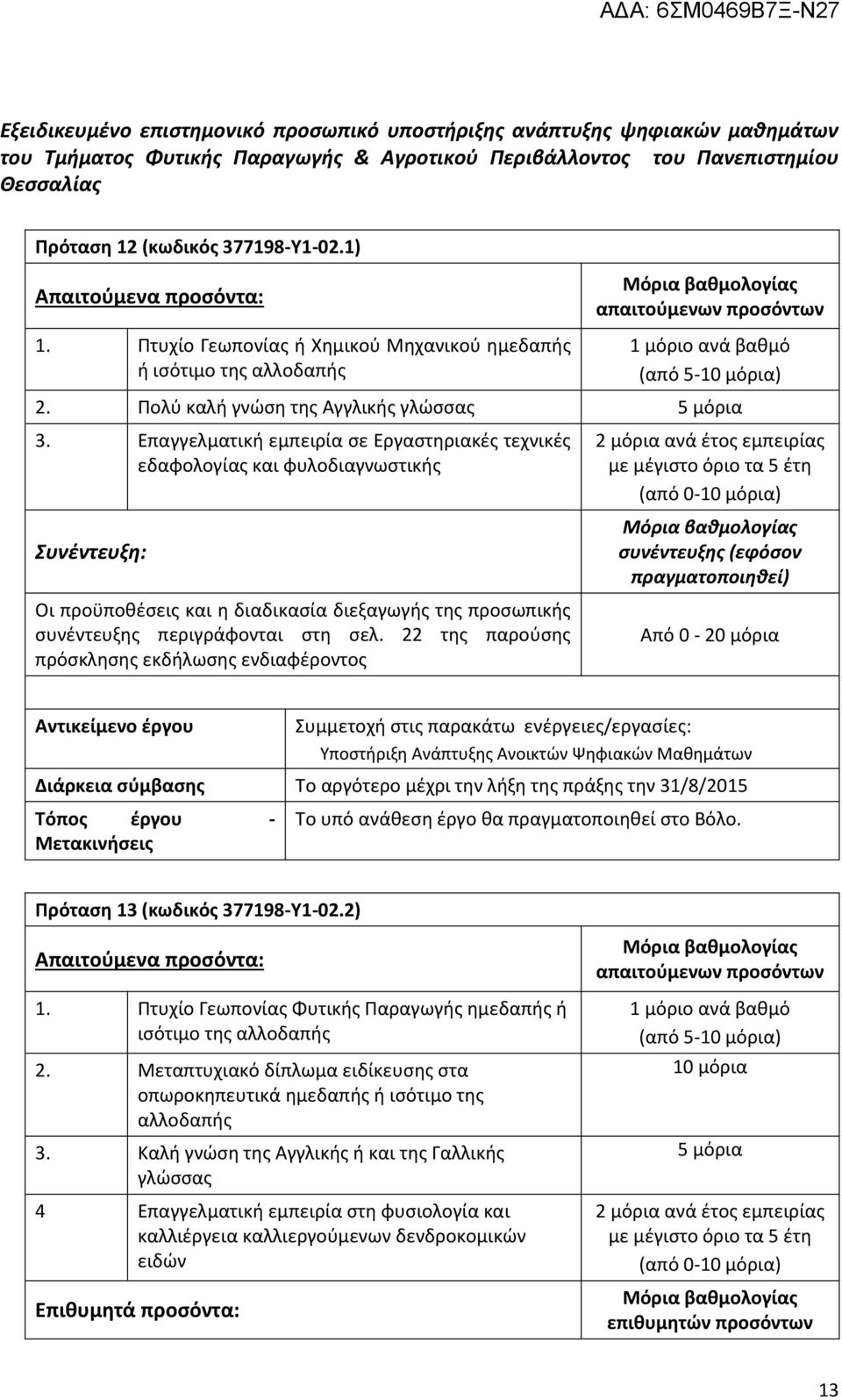 Επαγγελματική εμπειρία σε Εργαστηριακές τεχνικές εδαφολογίας και φυλοδιαγνωστικής 2 μόρια ανά έτος εμπειρίας με μέγιστο όριο τα 5 έτη (από 0-10 μόρια) Πρόταση 13 (κωδικός 377198-Υ1-02.2) 1.