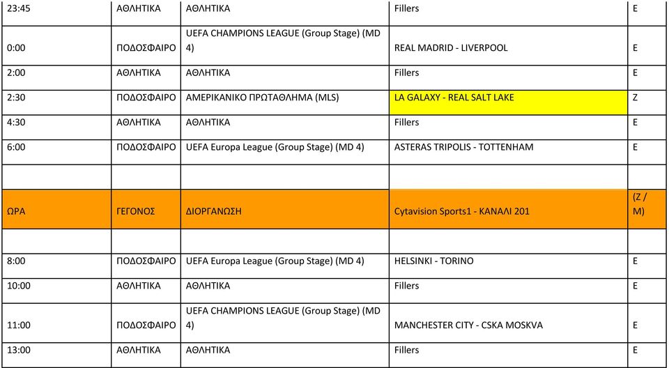 ASTERAS TRIPOLIS - TOTTENHAM E ΩΡΑ ΓΕΓΟΝΟΣ ΔΙΟΡΓΑΝΩΣΗ Cytavision Sports1 - ΚΑΝΑΛΙ 201 ( / Μ) 8:00 ΠΟΔΟΣΦΑΙΡΟ UEFA Europa League (Group