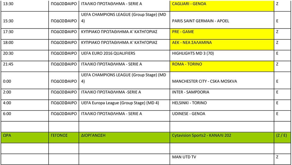 - SERIE A ROMA - TORINO Ζ 0:00 ΠΟΔΟΣΦΑΙΡΟ 4) MANCHESTER CITY - CSKA MOSKVA E 2:00 ΠΟΔΟΣΦΑΙΡΟ ΙΤΑΛΙΚΟ ΠΡΩΤΑΘΛΗΜΑ -SERIE A INTER - SAMPDORIA E 4:00 ΠΟΔΟΣΦΑΙΡΟ UEFA Europa League